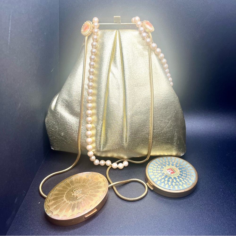 Vintage Andé gold evening bag kiss lock clutch chain strap 1950s 1960s glam - Picture 2 of 12